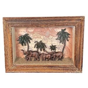 Shadow Box Diorama Elephant Family Palm Trees Vintage Map African Wall Art Decor